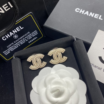 18K CC Pearl & Diamond Gold Earrings