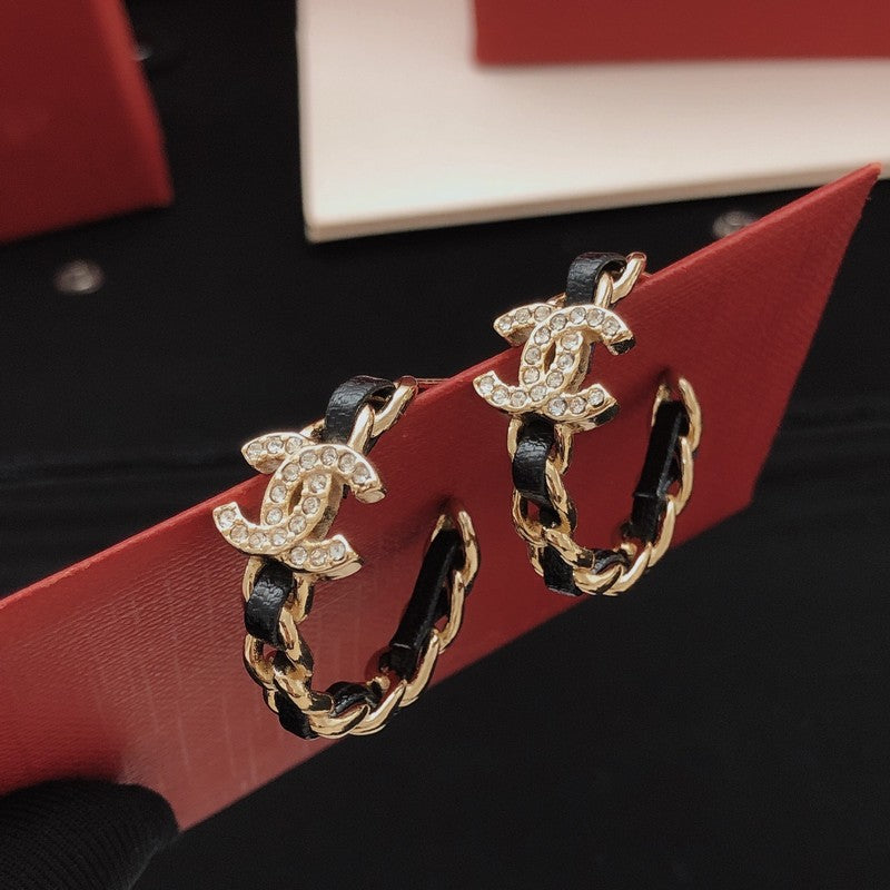 CC Black Leather Gold Earrings
