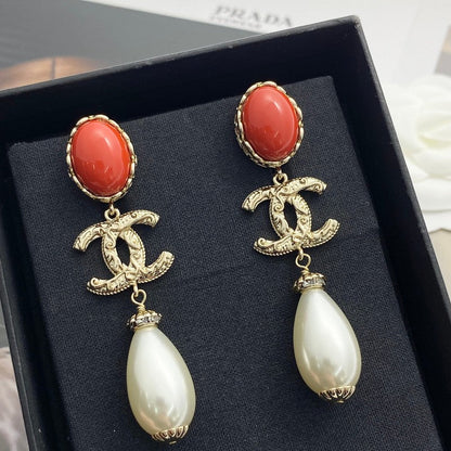 CC 24C Red Pearl Gold Earrings