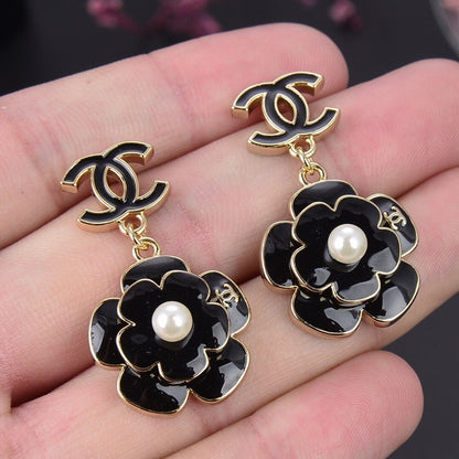 CC Black Gold Camellia Pendant Earrings