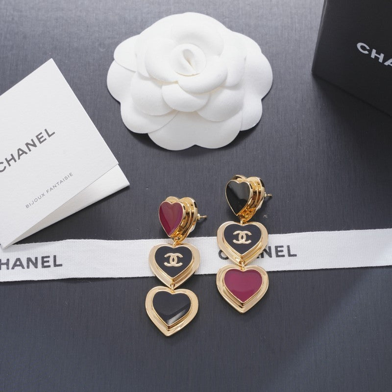 CC Black & Red Heart Gold Long Earrings