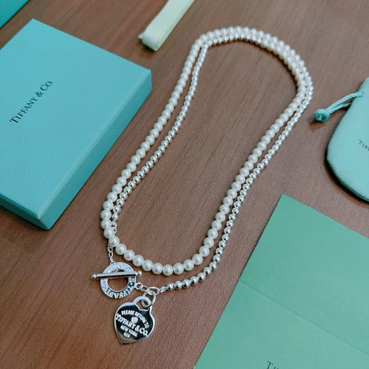 Return to Tiffany Heart Tag Chain Pearl Link Necklace