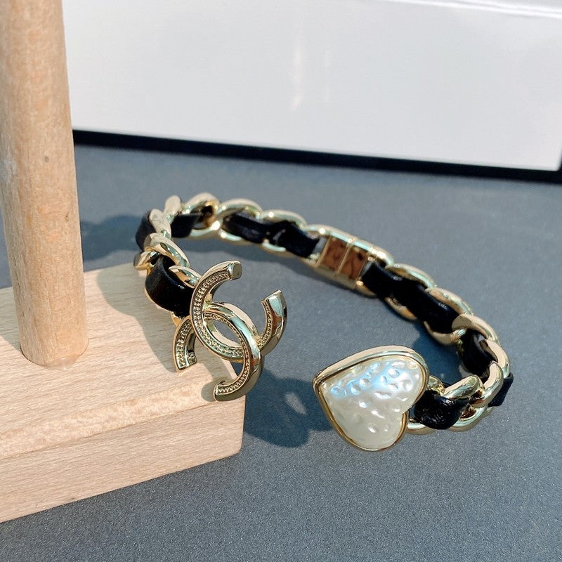 CC Black Leather Heart Bracelet