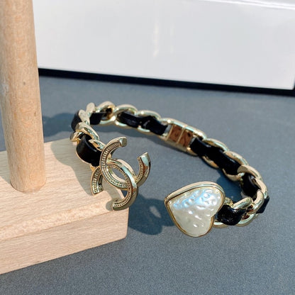 CC Black Leather Heart Bracelet