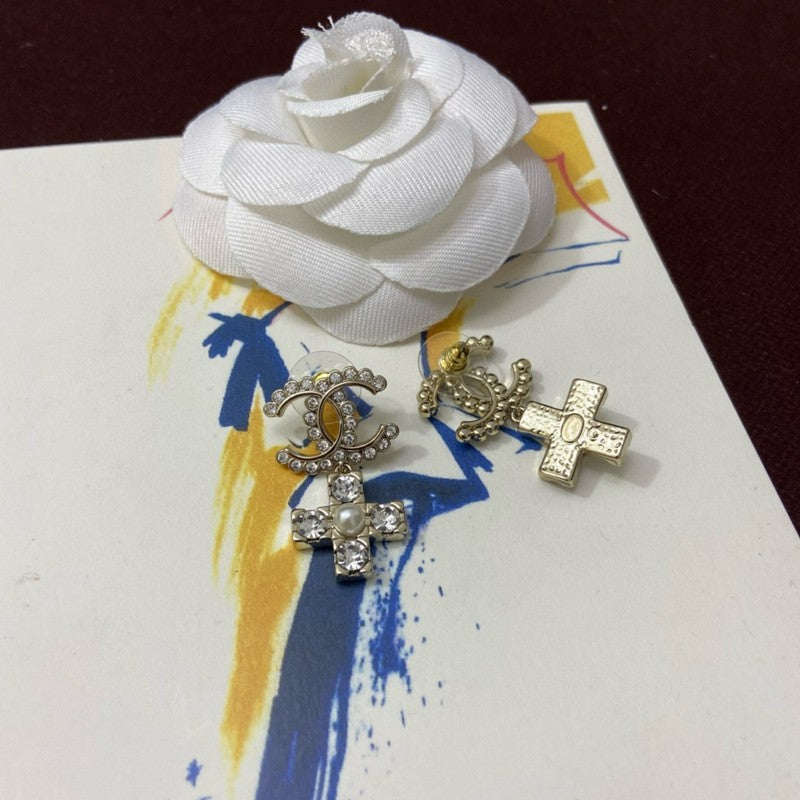 CC Cross Pearl & Diamond Earrings