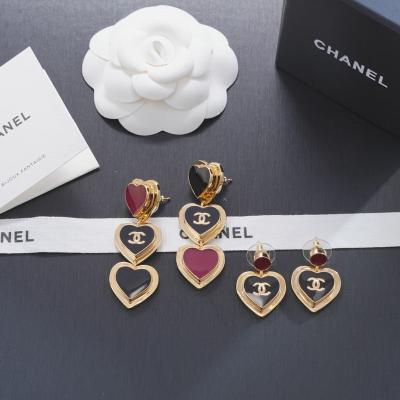 CC Black & Red Heart Gold Long Earrings