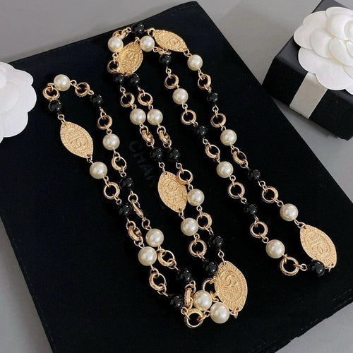 CC Long Black & White Pearls Necklace
