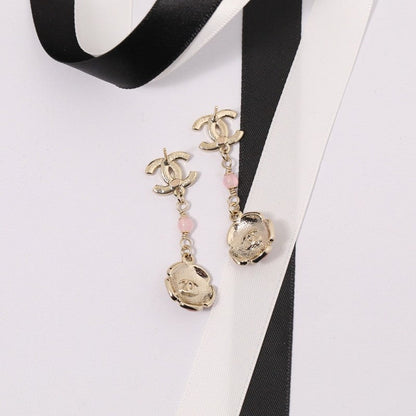 CC Black & Pink Camellia Diamond Long Earrings