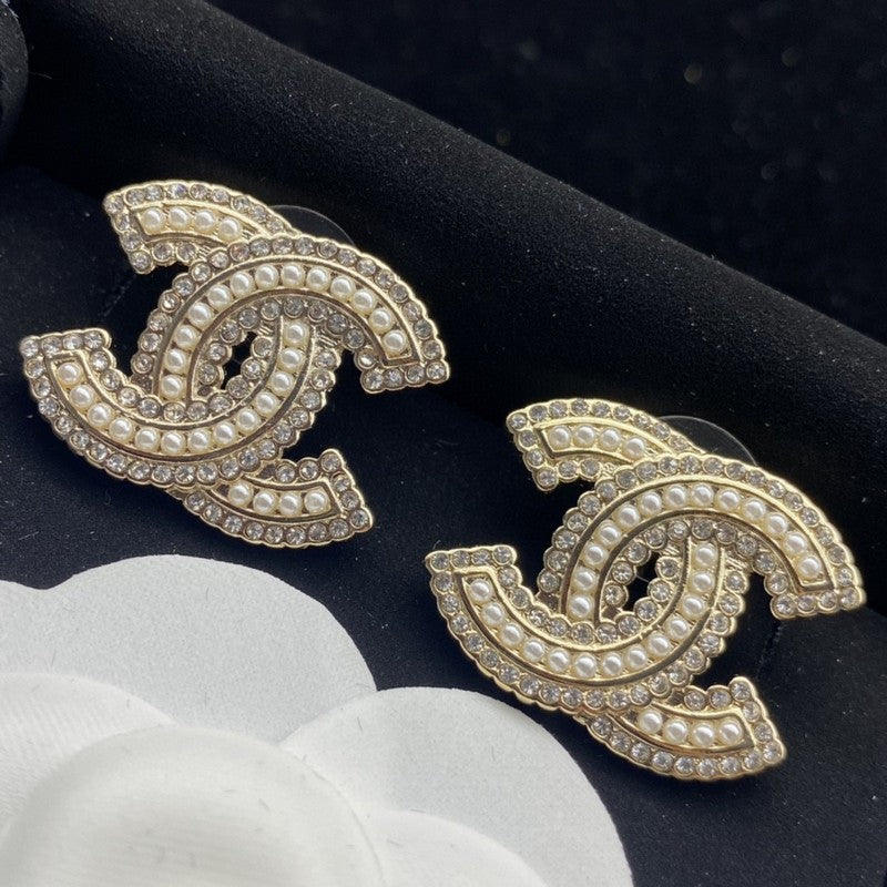 18K CC Pearl & Diamond Gold Earrings