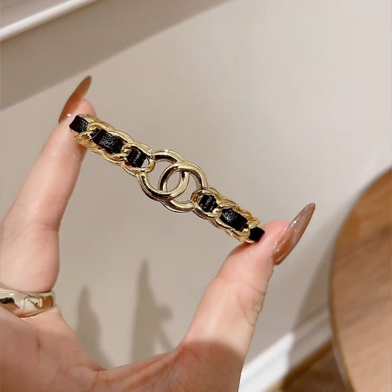 CC Black Leather Cuff Bracelet