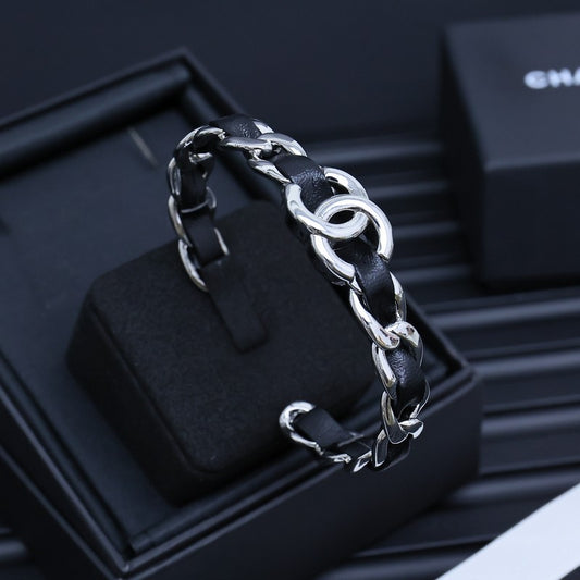 CC 25P Black Leather Open Cuff Bracelet