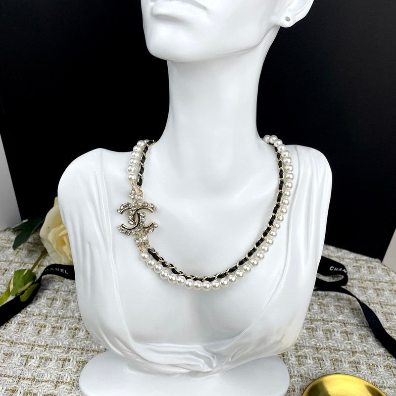 CC Pearl Chain Leather Necklace