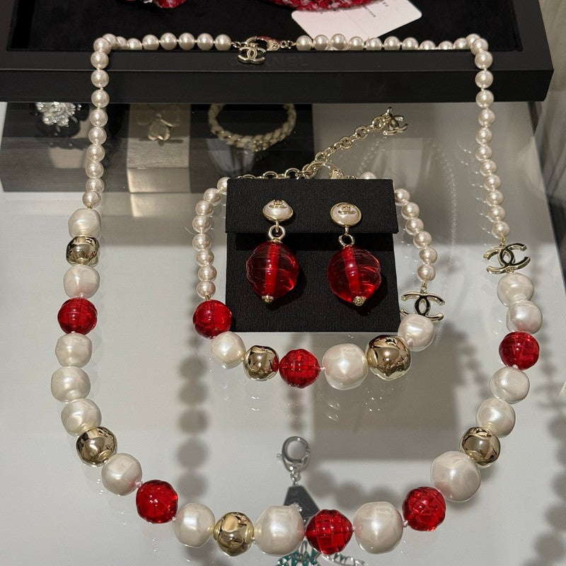 CC Red Crystal Pearl Choker Necklace