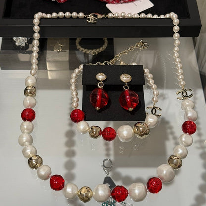 CC Red Crystal Pearl Choker Necklace