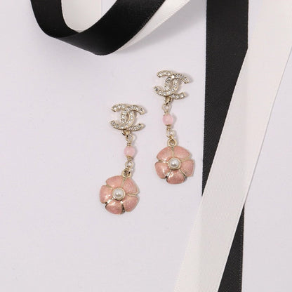 CC Black & Pink Camellia Diamond Long Earrings