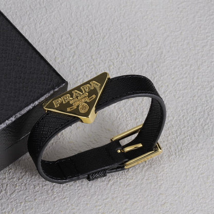 18K Pra Black Leather Gold Bracelet