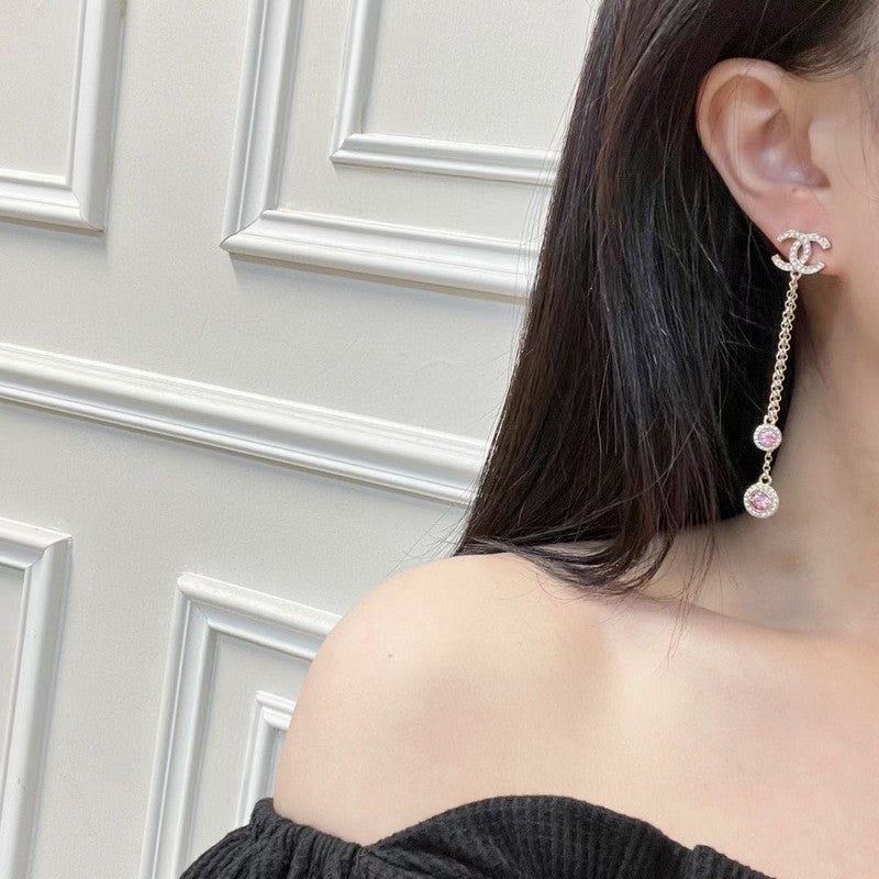 CC Pink Crystal Long Chain Earrings