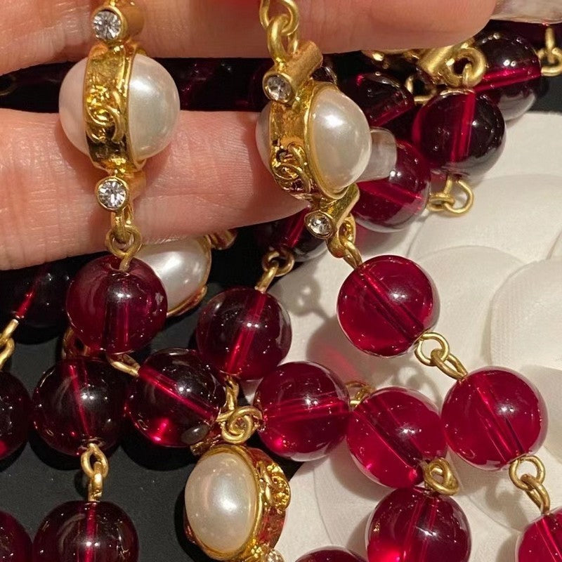 CC Long Red & White Pearls Necklace