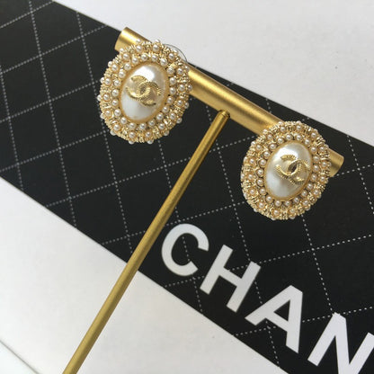 18K CC Pearl & Diamond Oval Earrings