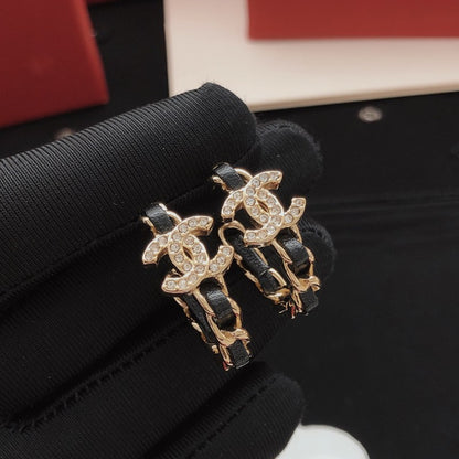 CC Black Leather Gold Earrings