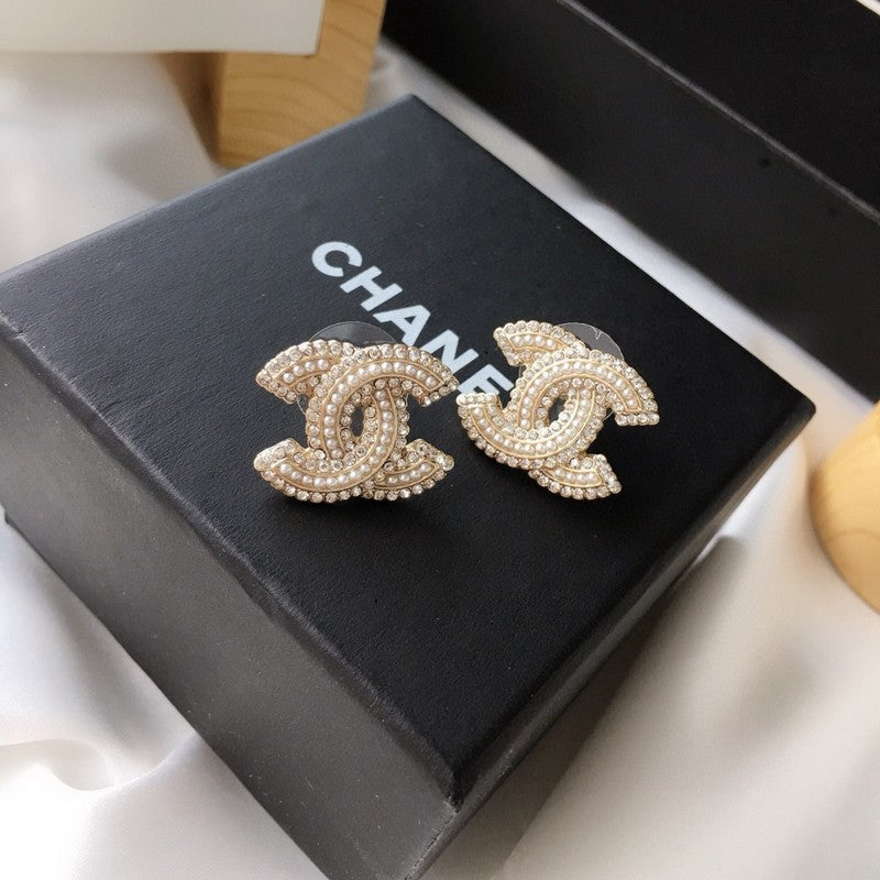 18K CC Pearl & Diamond Gold Earrings