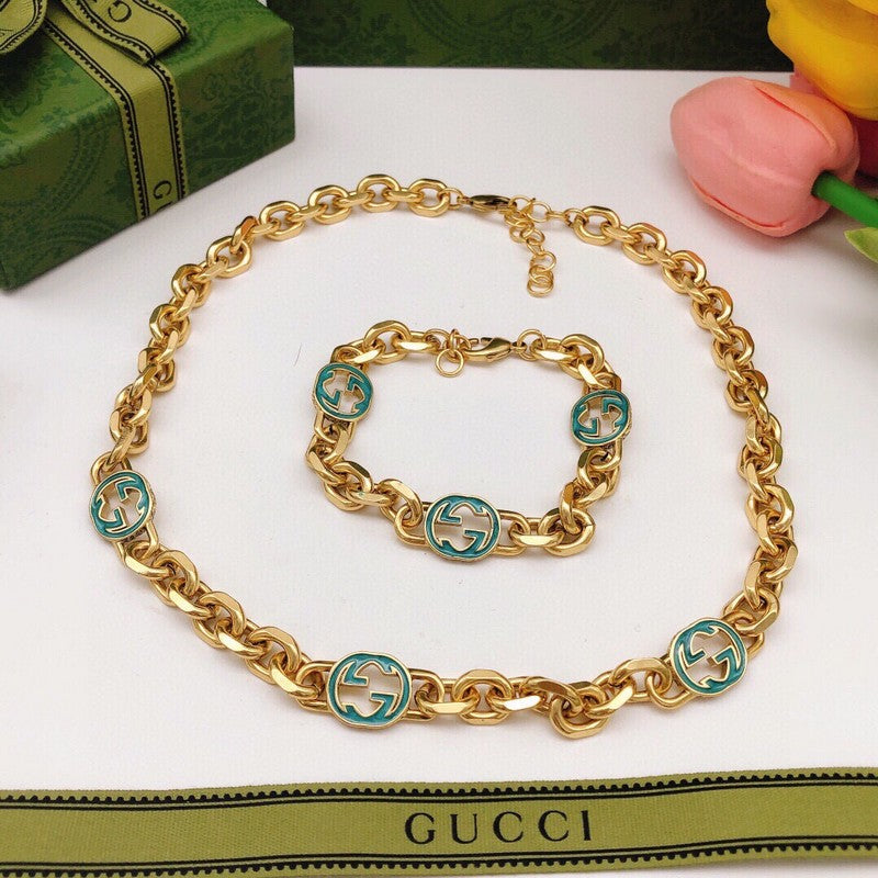 GG Interlocking G Sky Blue Gold Chain Necklace