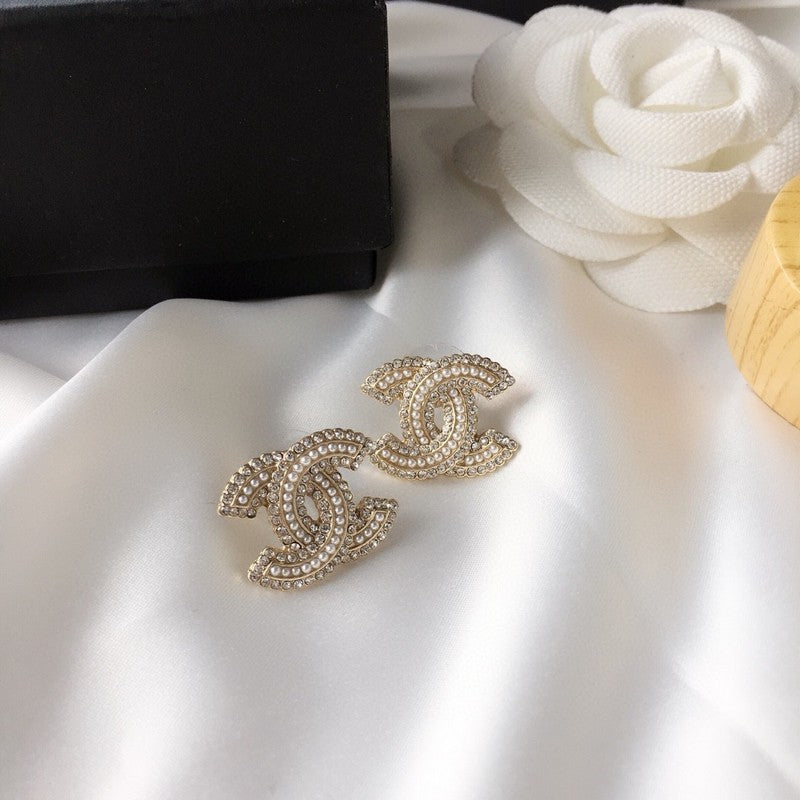 18K CC Pearl & Diamond Gold Earrings