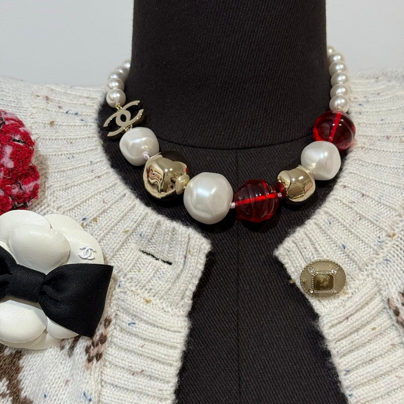 CC Red Crystal Pearl Choker Necklace