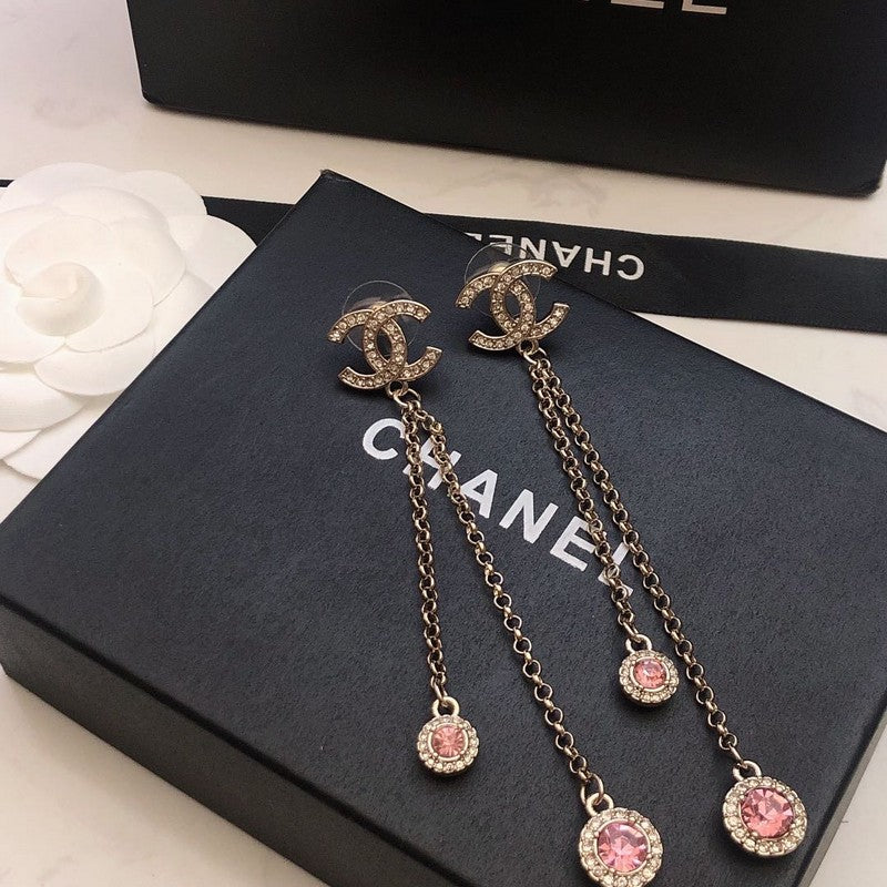 CC Pink Crystal Long Chain Earrings